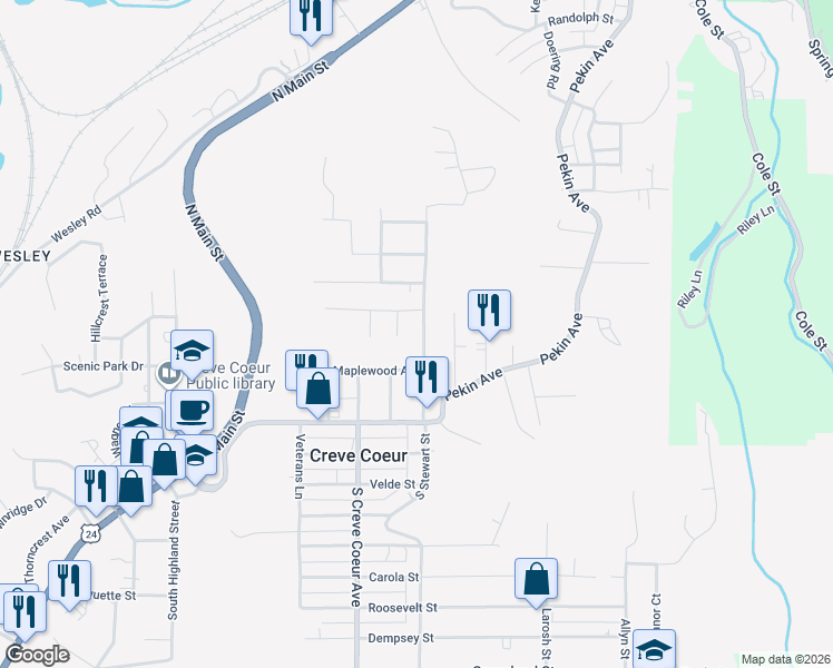 map of restaurants, bars, coffee shops, grocery stores, and more near 426-498 Smith Street in Creve Coeur