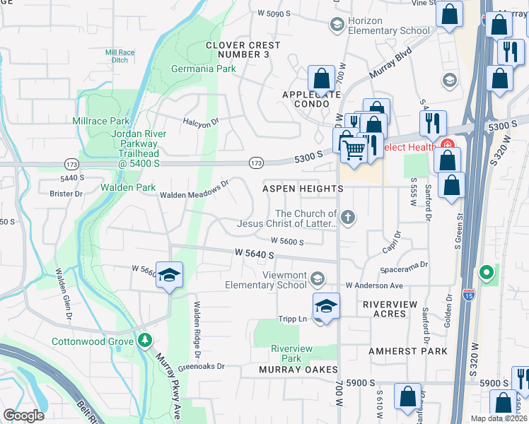 map of restaurants, bars, coffee shops, grocery stores, and more near 5554 South White Springs Drive in Salt Lake City
