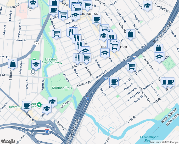 map of restaurants, bars, coffee shops, grocery stores, and more near 438 3rd Avenue in Elizabeth