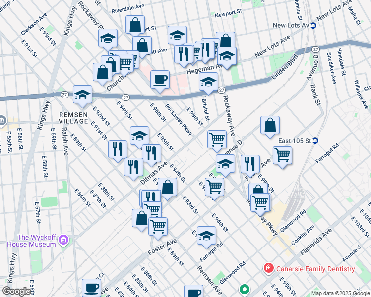 map of restaurants, bars, coffee shops, grocery stores, and more near 742 Roackaway Parkway in Brooklyn