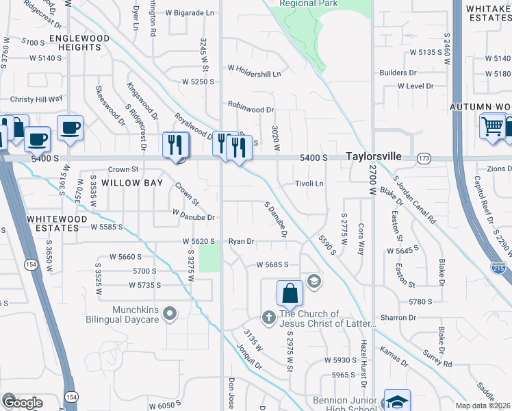 map of restaurants, bars, coffee shops, grocery stores, and more near 3085 West Danube Drive in Salt Lake City