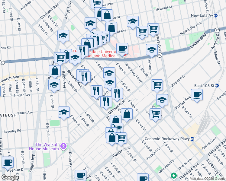 map of restaurants, bars, coffee shops, grocery stores, and more near 9302 Avenue B in Brooklyn
