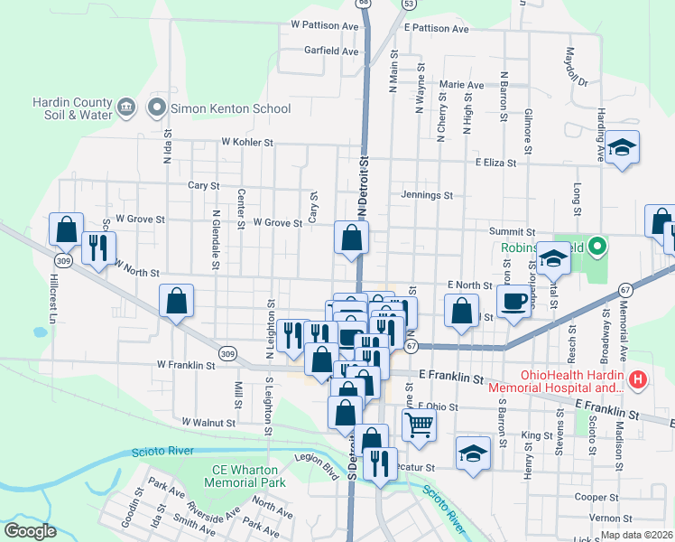 map of restaurants, bars, coffee shops, grocery stores, and more near 334 N Market St in Kenton