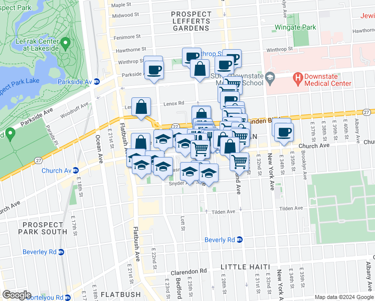 map of restaurants, bars, coffee shops, grocery stores, and more near 2533 Church Avenue in Brooklyn