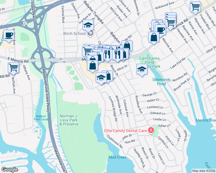 map of restaurants, bars, coffee shops, grocery stores, and more near 74 Bernard Street in Merrick