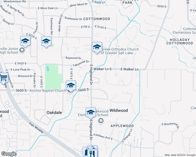 map of restaurants, bars, coffee shops, grocery stores, and more near 1979 East Olympus Point Drive in Holladay
