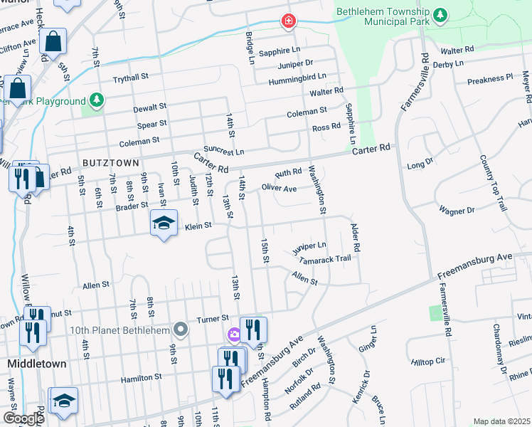 map of restaurants, bars, coffee shops, grocery stores, and more near 2414 15th Street in Bethlehem