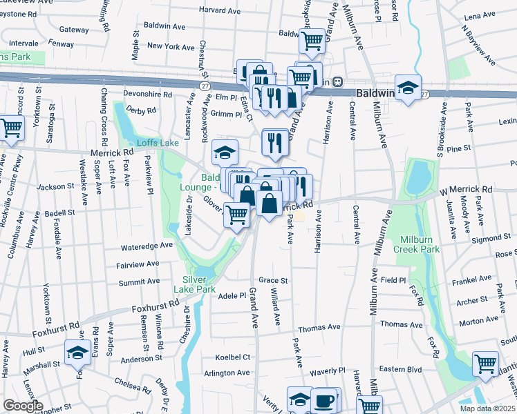 map of restaurants, bars, coffee shops, grocery stores, and more near 1 Grand Avenue in Baldwin