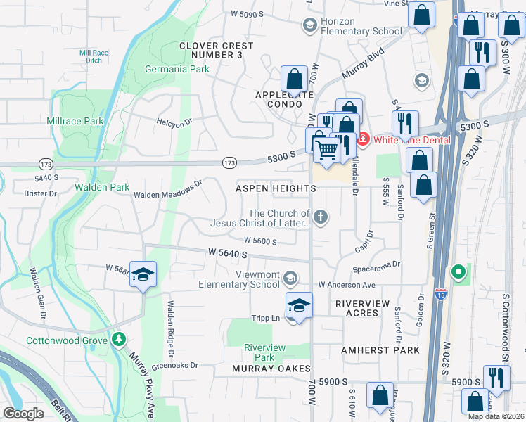 map of restaurants, bars, coffee shops, grocery stores, and more near 5549 Apple Vale Drive in Murray