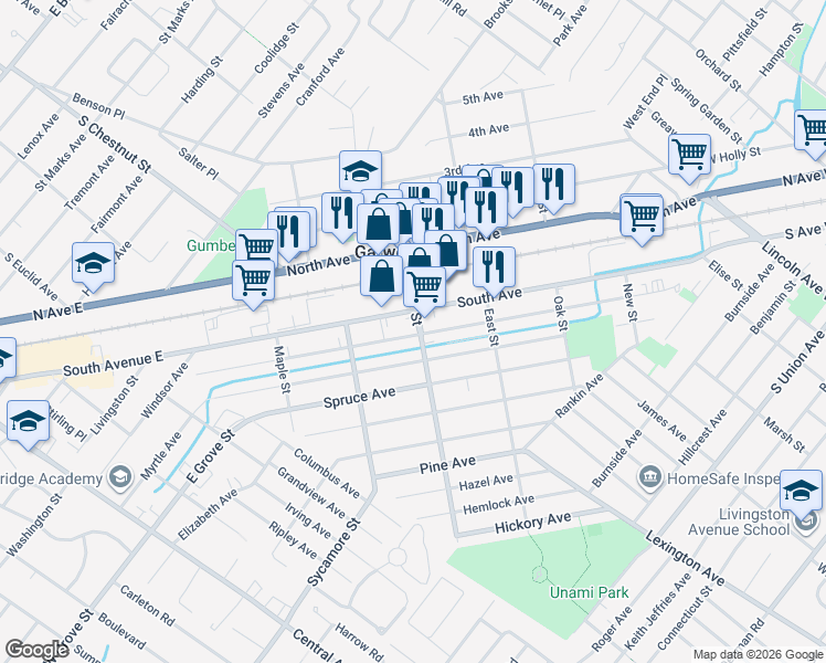 map of restaurants, bars, coffee shops, grocery stores, and more near 117 Center Street in Garwood