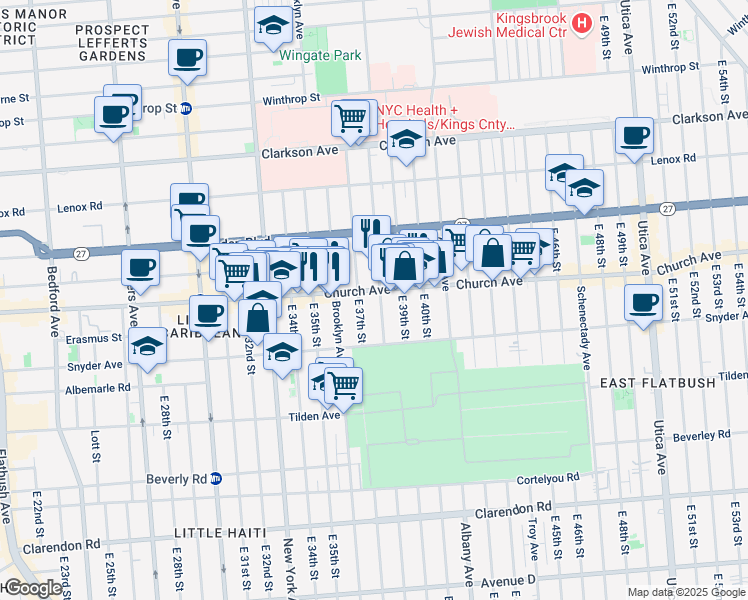 map of restaurants, bars, coffee shops, grocery stores, and more near 250 East 38th Street in Brooklyn
