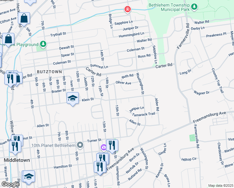 map of restaurants, bars, coffee shops, grocery stores, and more near 2414 15th Street in Bethlehem