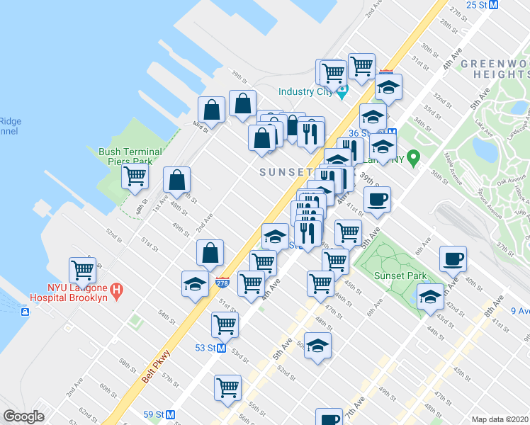 map of restaurants, bars, coffee shops, grocery stores, and more near 4420 3rd Avenue in Brooklyn
