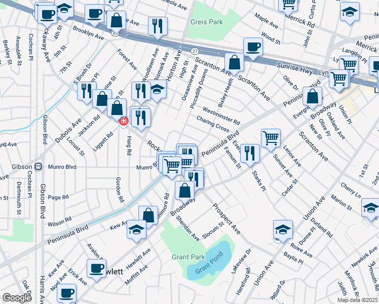 map of restaurants, bars, coffee shops, grocery stores, and more near 56 Trafalgar Square in Lynbrook
