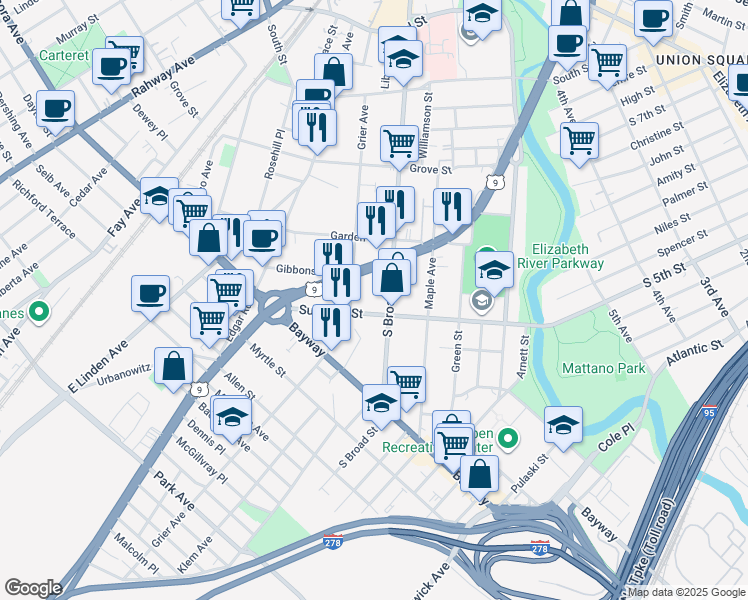 map of restaurants, bars, coffee shops, grocery stores, and more near 534 Grier Avenue in Elizabeth