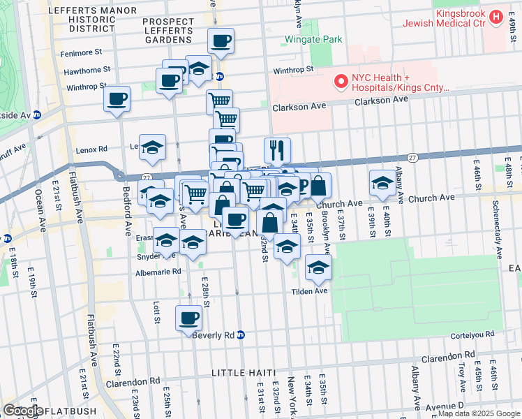 map of restaurants, bars, coffee shops, grocery stores, and more near Church Avenue & East 32nd Street in Brooklyn