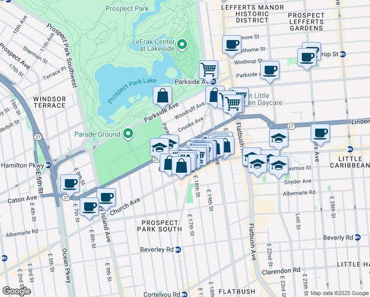 map of restaurants, bars, coffee shops, grocery stores, and more near 1710 Caton Avenue in Brooklyn