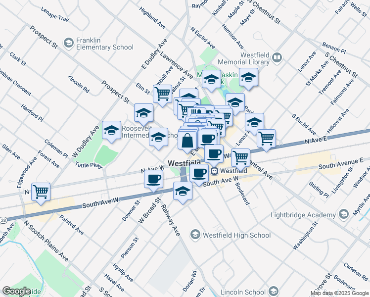 map of restaurants, bars, coffee shops, grocery stores, and more near 133 Prospect Street in Westfield
