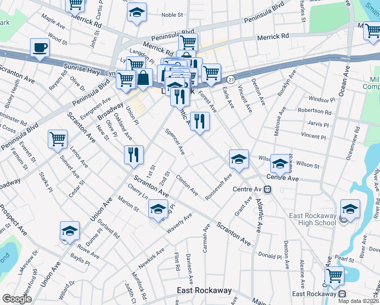 map of restaurants, bars, coffee shops, grocery stores, and more near 24 Raymond Avenue in Lynbrook