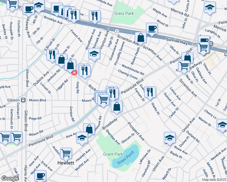 map of restaurants, bars, coffee shops, grocery stores, and more near 56 Trafalgar Square in Lynbrook