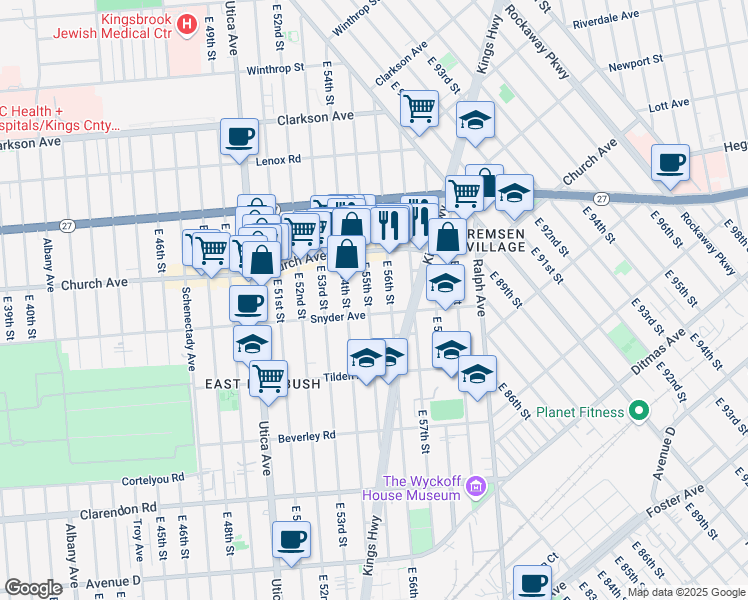 map of restaurants, bars, coffee shops, grocery stores, and more near 227 East 56th Street in Brooklyn