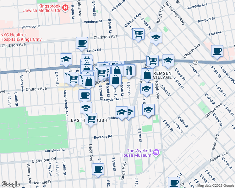 map of restaurants, bars, coffee shops, grocery stores, and more near 299 East 54th Street in Brooklyn