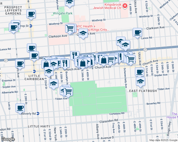 map of restaurants, bars, coffee shops, grocery stores, and more near 4015 Church Avenue in Brooklyn