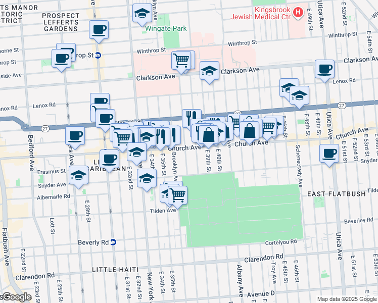 map of restaurants, bars, coffee shops, grocery stores, and more near 3707 Church Avenue in Brooklyn