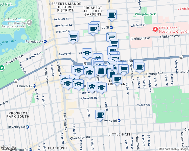 map of restaurants, bars, coffee shops, grocery stores, and more near 801 Rogers Avenue in Brooklyn