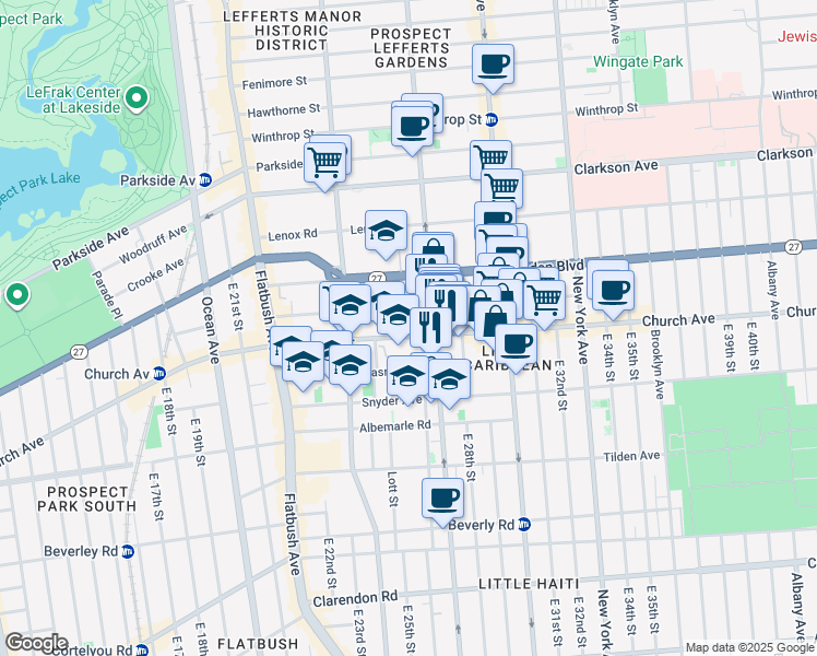 map of restaurants, bars, coffee shops, grocery stores, and more near 801 Rogers Avenue in Brooklyn