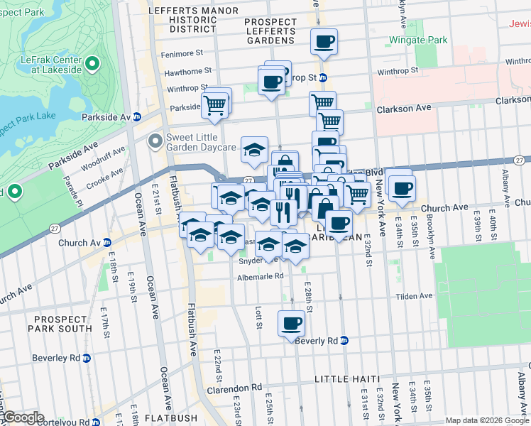 map of restaurants, bars, coffee shops, grocery stores, and more near 801 Rogers Avenue in Brooklyn