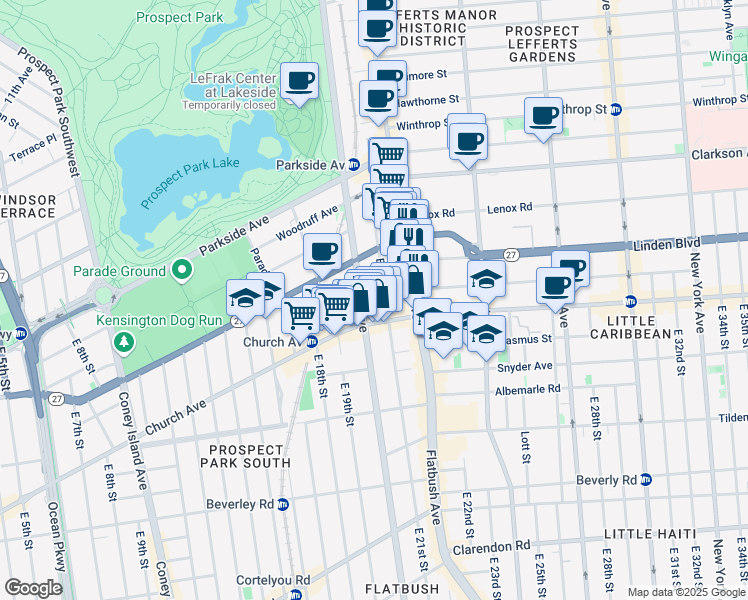 map of restaurants, bars, coffee shops, grocery stores, and more near 100 East 21st Street in Brooklyn