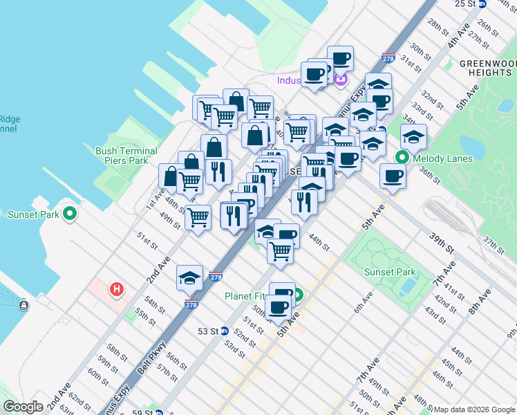 map of restaurants, bars, coffee shops, grocery stores, and more near 4420 3rd Avenue in Brooklyn