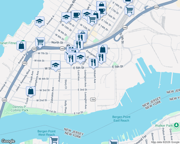 map of restaurants, bars, coffee shops, grocery stores, and more near 57 East 5th Street in Bayonne