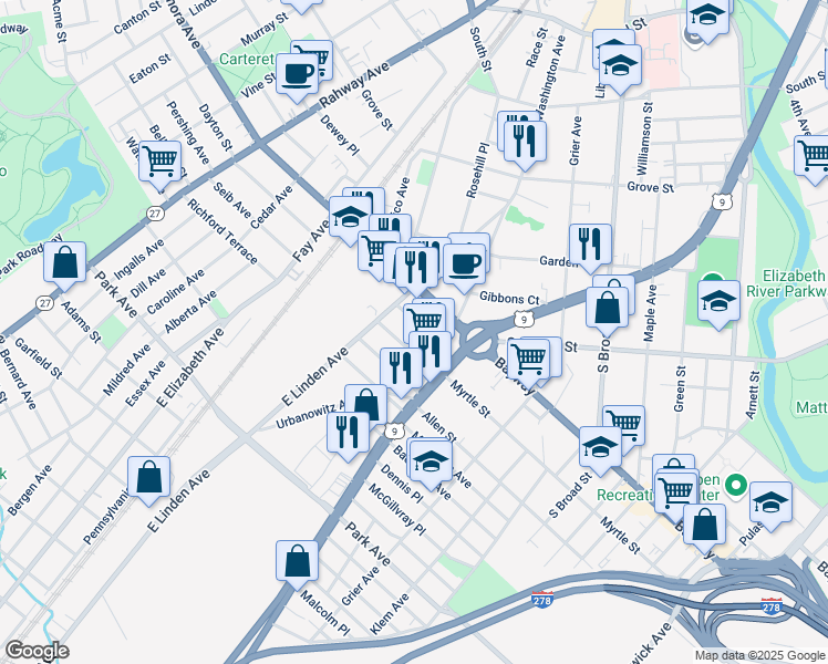 map of restaurants, bars, coffee shops, grocery stores, and more near 936-938 South Elmora Avenue in Elizabeth