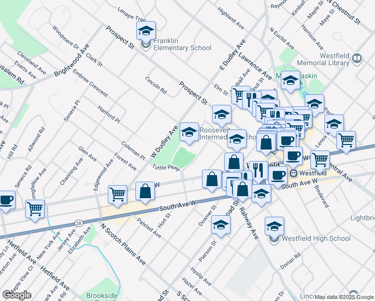 map of restaurants, bars, coffee shops, grocery stores, and more near 301 Clark Street in Westfield