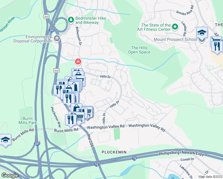 map of restaurants, bars, coffee shops, grocery stores, and more near 61 Fieldstone Road in Bedminster