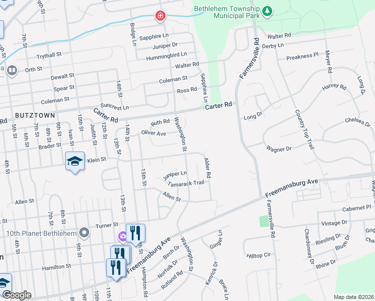 map of restaurants, bars, coffee shops, grocery stores, and more near 3920 Bigal Court in Bethlehem