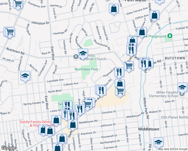 map of restaurants, bars, coffee shops, grocery stores, and more near 2606 Nottingham Road in Bethlehem