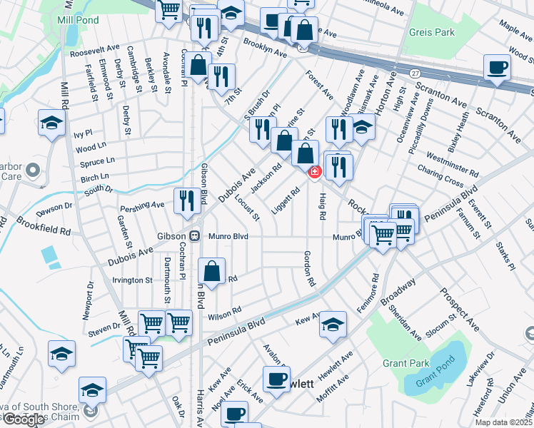 map of restaurants, bars, coffee shops, grocery stores, and more near 14 Elgin Road in Valley Stream