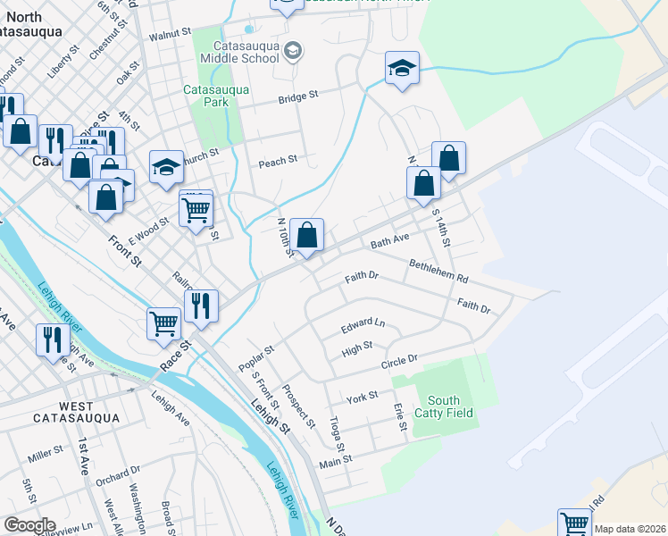 map of restaurants, bars, coffee shops, grocery stores, and more near 437 Race Street in Catasauqua