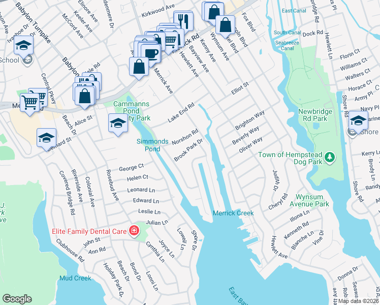 map of restaurants, bars, coffee shops, grocery stores, and more near 1976 Norshon Road in Merrick