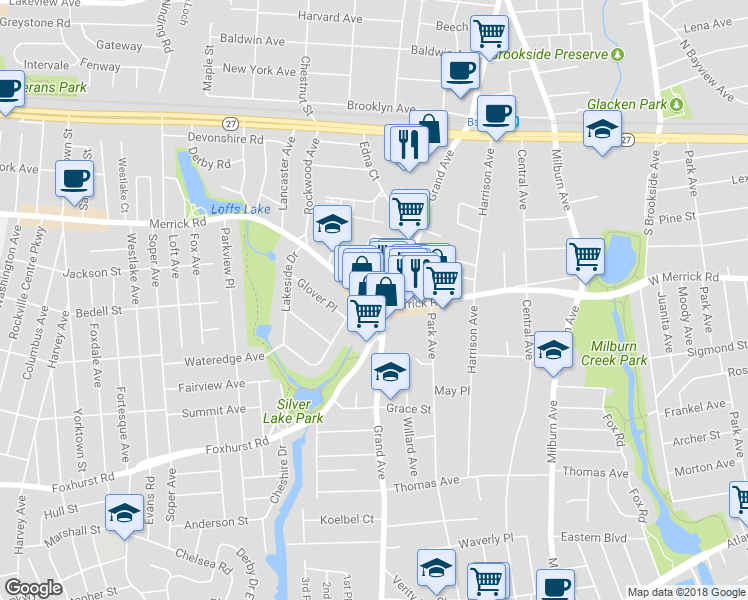 map of restaurants, bars, coffee shops, grocery stores, and more near 801 Merrick Road in Baldwin