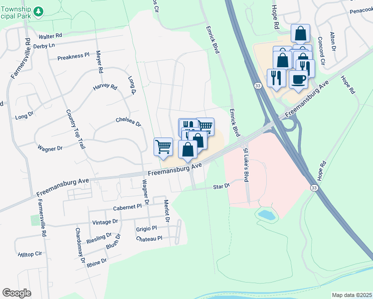 map of restaurants, bars, coffee shops, grocery stores, and more near Madison Boulevard in Northampton County