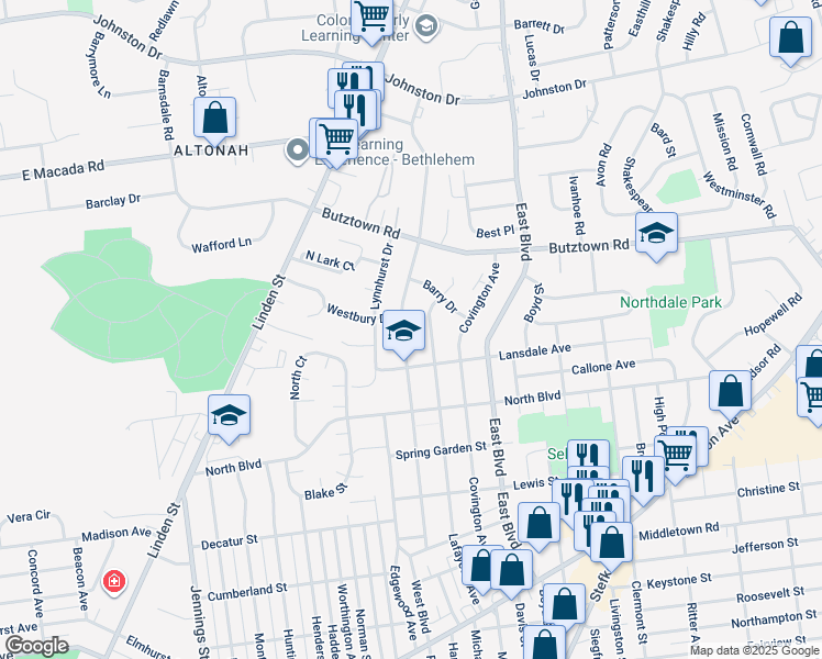 map of restaurants, bars, coffee shops, grocery stores, and more near 2638 West Boulevard in Bethlehem