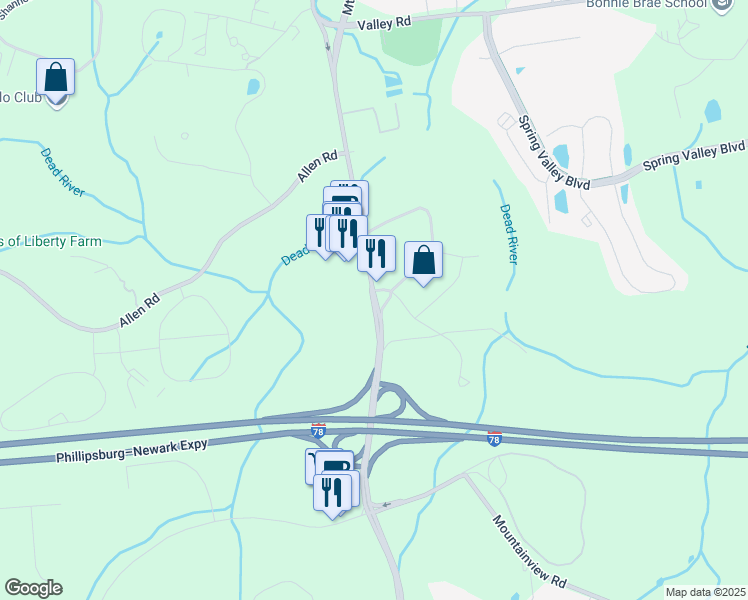 map of restaurants, bars, coffee shops, grocery stores, and more near 611 Martinsville Road in Bernards
