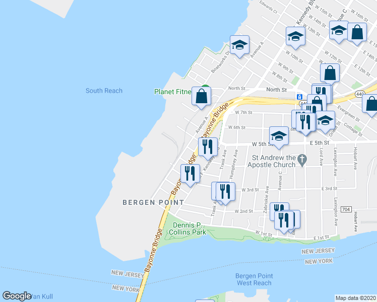 map of restaurants, bars, coffee shops, grocery stores, and more near 94 Avenue A in Bayonne
