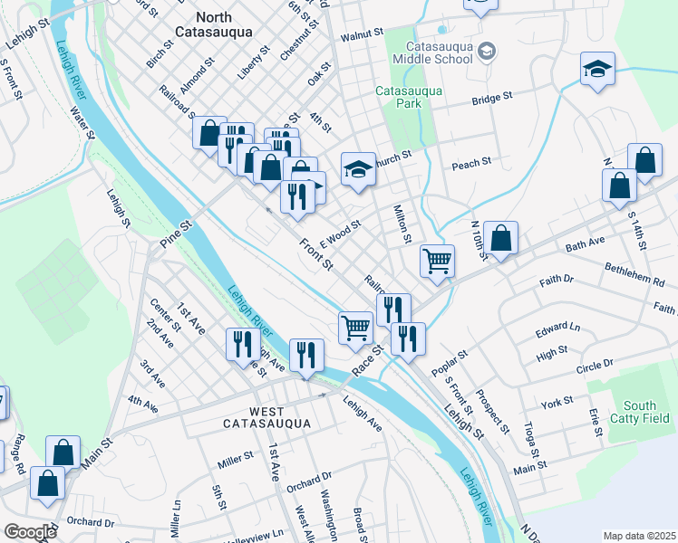 map of restaurants, bars, coffee shops, grocery stores, and more near 205 Front Street in Catasauqua