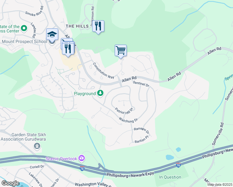 map of restaurants, bars, coffee shops, grocery stores, and more near 240 Patriot Hill Drive in Bernards