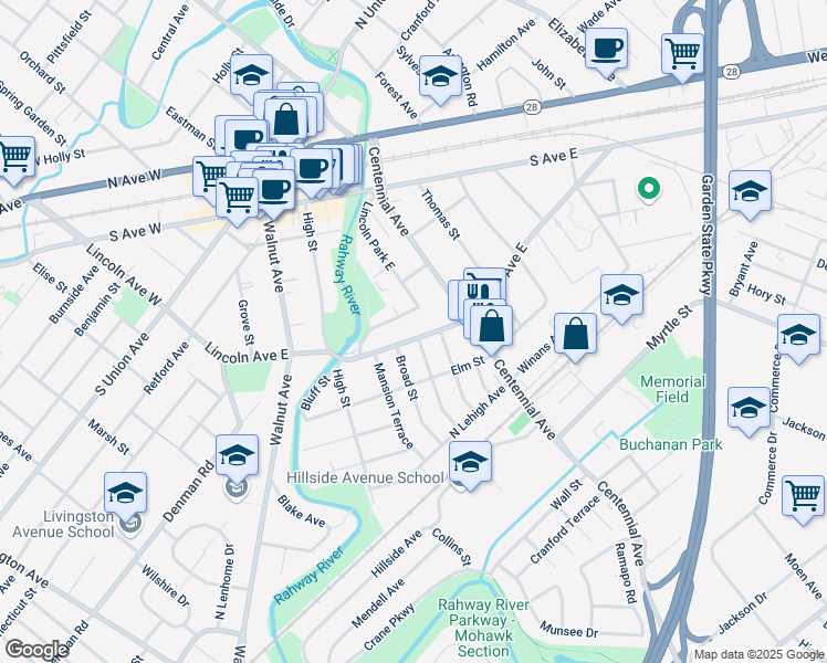 map of restaurants, bars, coffee shops, grocery stores, and more near 630 Lincoln Park East in Cranford